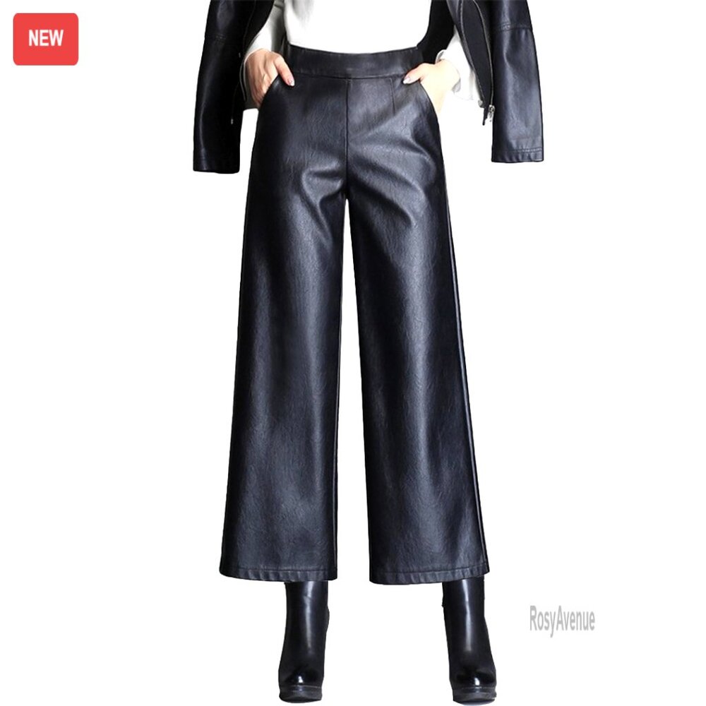High Waist Wide Leg Faux Leather Pants Elastic Waist Pockets